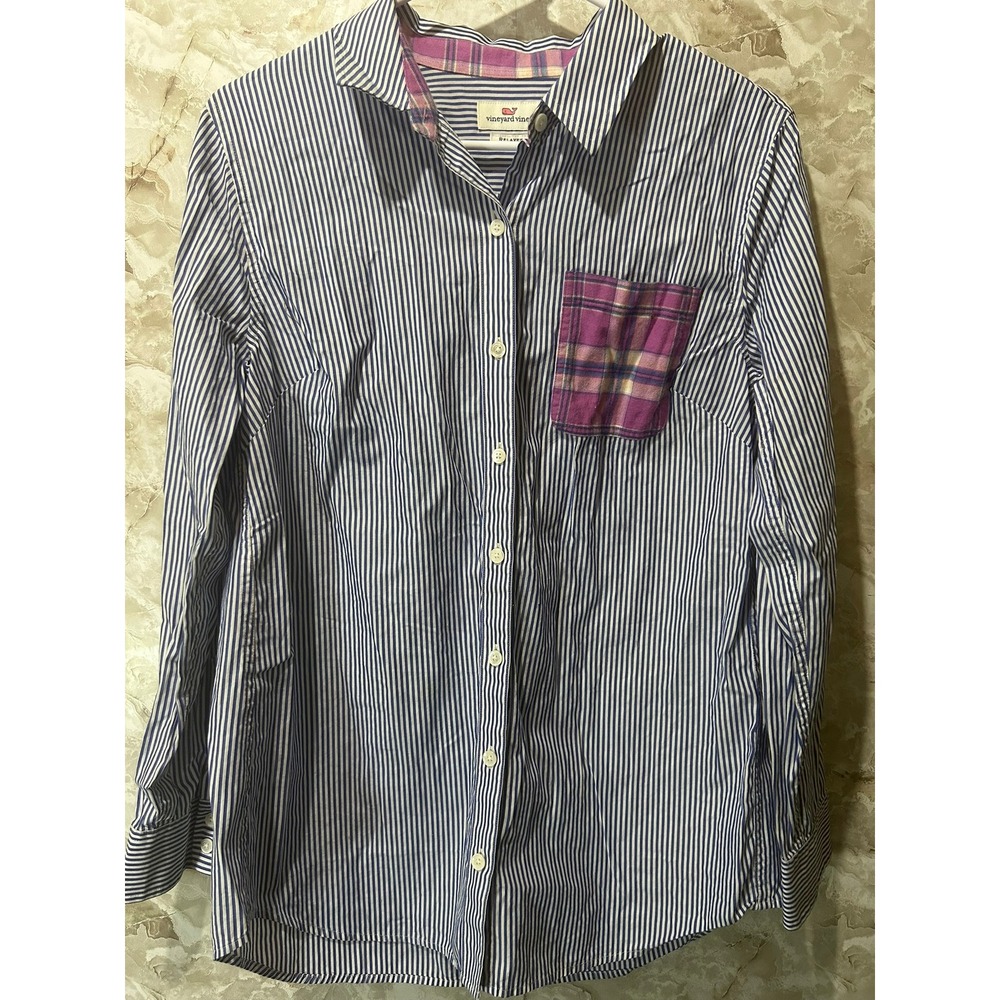 Vineyard Vines Womens 8 Relaxed Fit Striped Button Down Shirt Plaid Pocket Blue